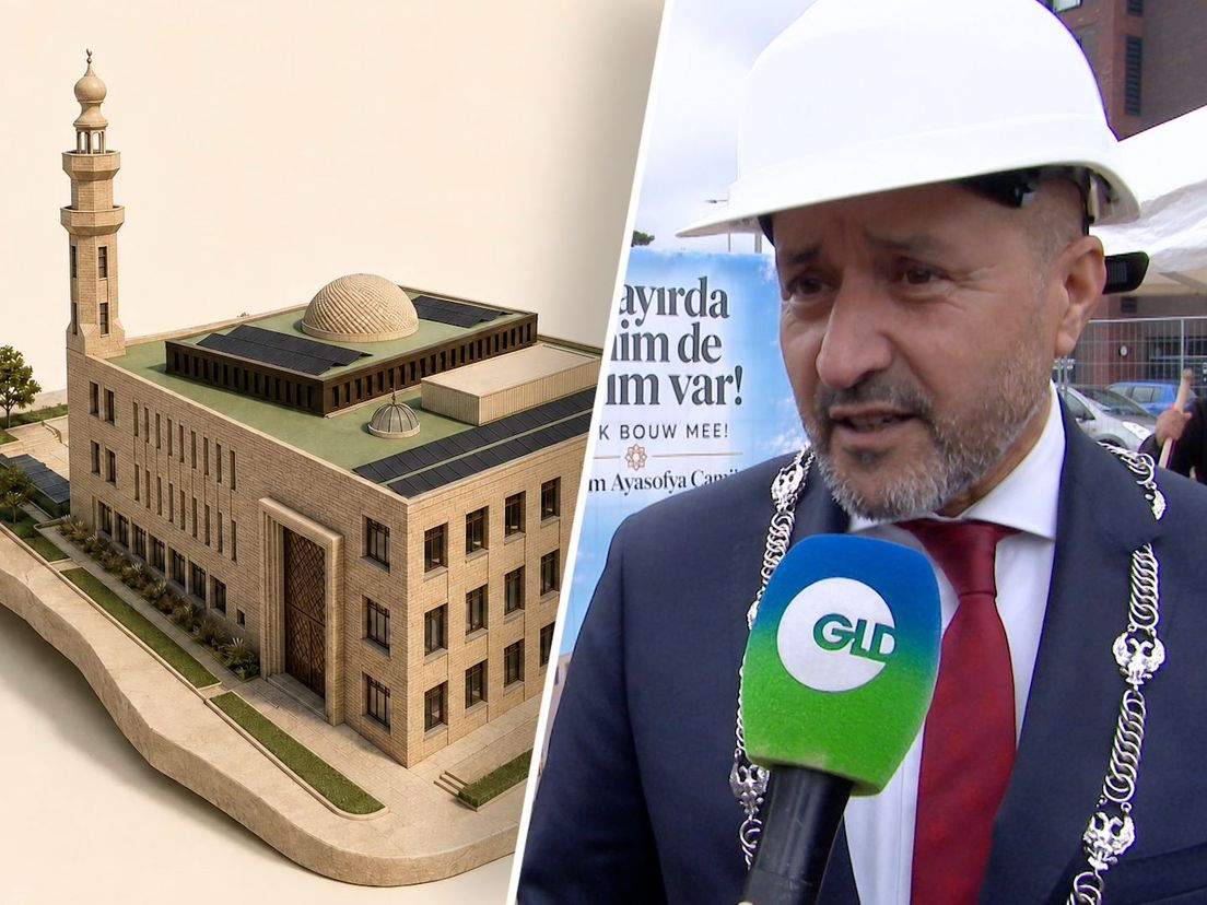 Het ontwerp van de nieuwe moskee en de burgemeester bij de eerste steenlegging