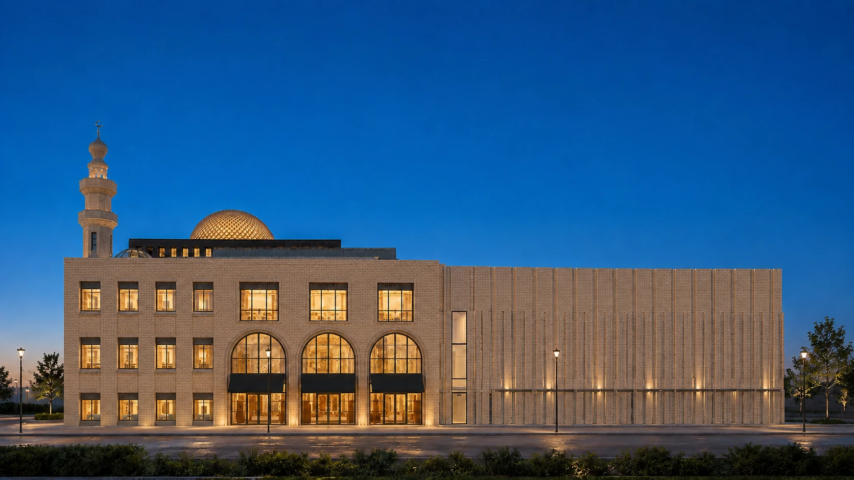 Artistieke impressie van Arnhem Ayasofya met zandkleurige bakstenen gevel — voorgevel