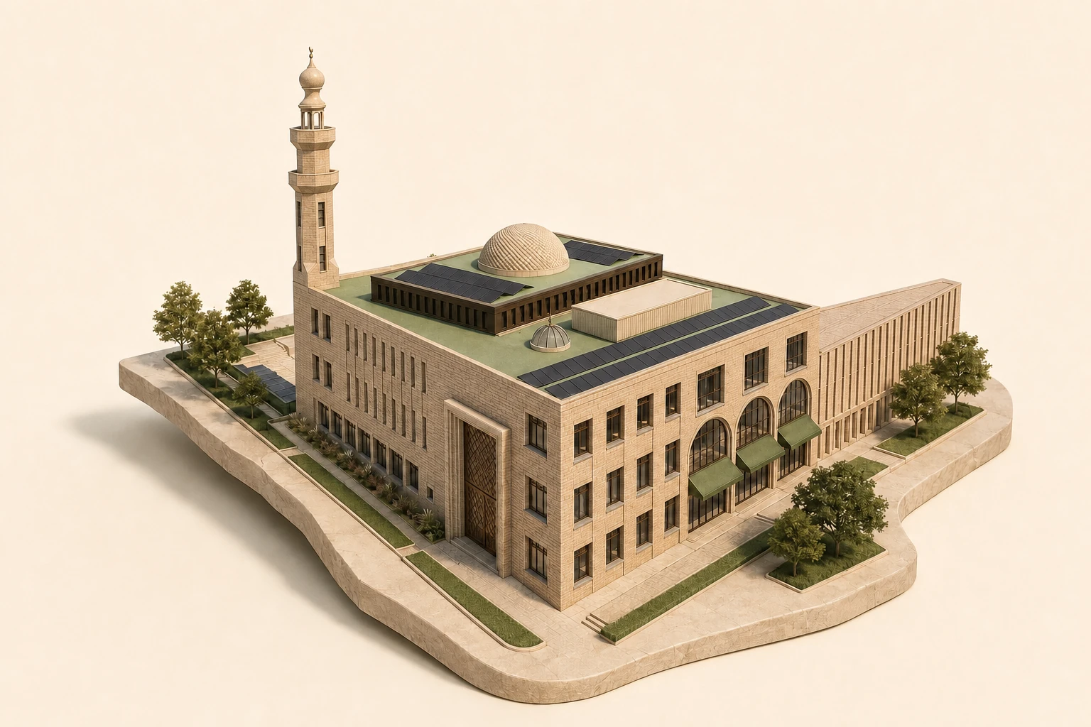 Artistieke maquette van de moskee met zandkleurige bakstenen gevel; de lijn verbindt de getoonde bouwonderdelen met het geheel