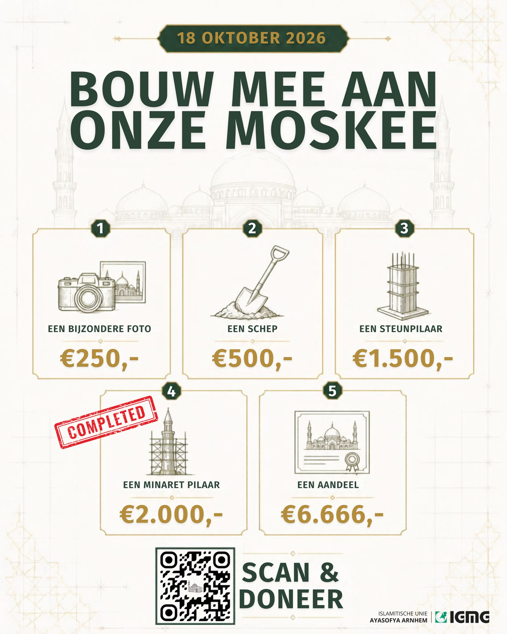 18 oktober Grote start: een bijzondere foto € 250,-, een schep € 500,-, een steunpilaar € 1.500,-, een minaret pilaar € 2.000,- (voltooid) en een aandeel € 6.666,-.
